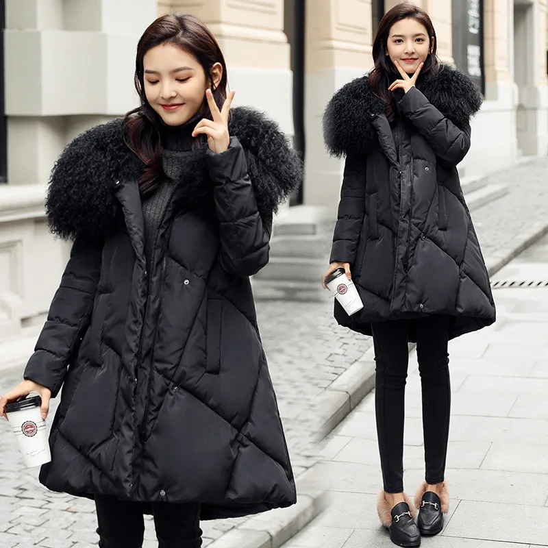 

Winter down Jacket Cotton-padded Clothes Women's Mid-length 18 New Style South Korea A- line Version Fashion Tan-sheep Wool Coll