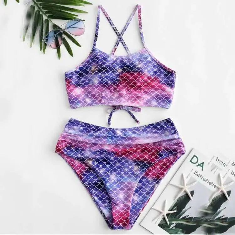 

2020 New Sexy Fish scale Print Bikini Padded cross bandage Swimsuit Women Summer Bathing Suit Bikini Set biquini