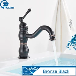 Antique Brass Deck Mounted Basin Vessel Faucet - Cold and Hot Water Mixer Tap (Black Bronze Short)