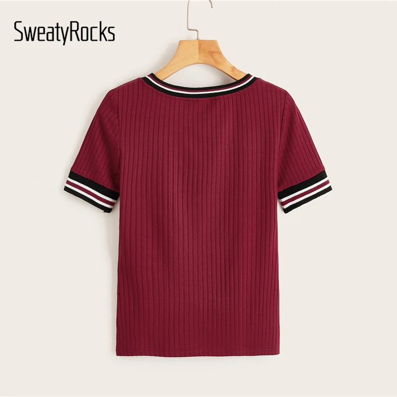 SweatyRocks бордовая полосатая трикотажная футболка в рубчик уличный с короткими рукавами футболки летняя повседневная одежда для активного отдыха женские футболки