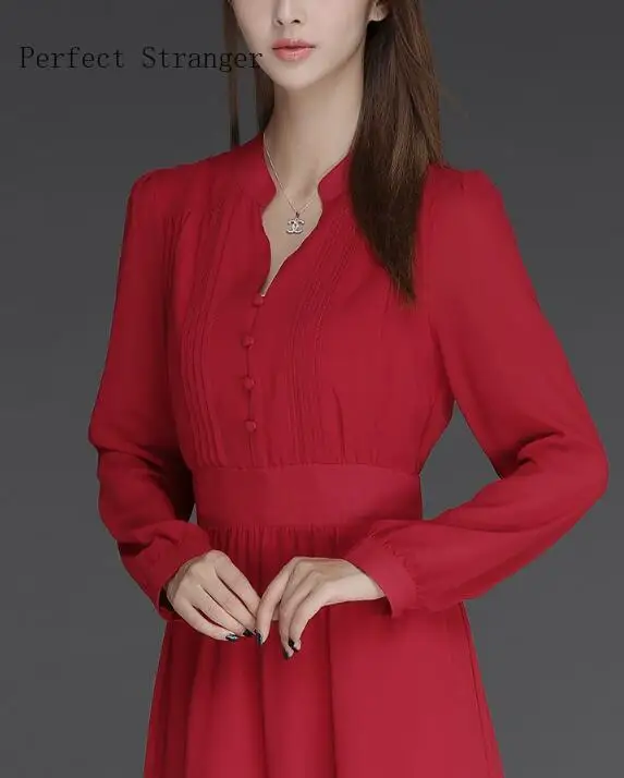 Женское шифоновое длинное платье с длинным рукавом и V образным вырезом|chiffon long