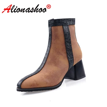 

2019 New Autumn Fashion Ankle Boots Women Square High Heels Zipper Pointed Toe Pu Leather Ladies Warm Shoes Large Sizes 14 48 47