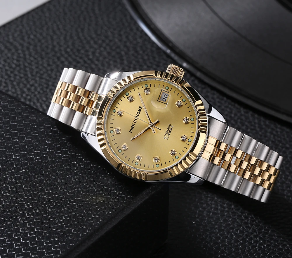 Pink Cohome orologi d'argento uomo movimento automatico orologio da polso impermeabile orologi meccanici donna cinturino in acciaio inossidabile 316L massiccio  1511