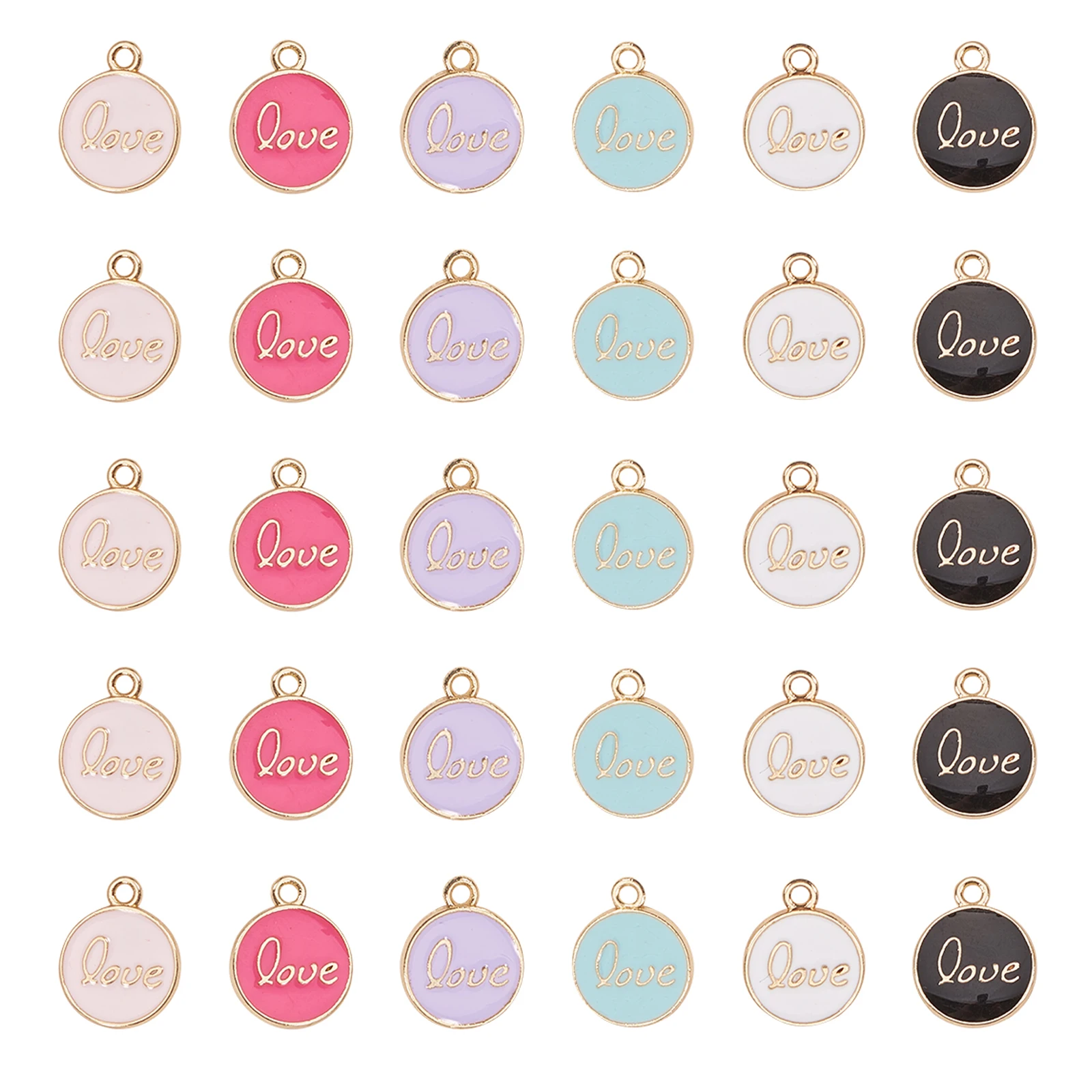 60Pcs/box Alloy Enamel Flat Round with Word Love Charms Pendants for Women DIY Necklace Earrings Jewelry Making Accessories