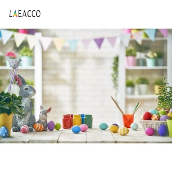 

Laeacco Pennant Easter Rabbit Eggs Basket Grass Party Shelves Photography Backgrounds Photographic Backdrops For Photo Studio
