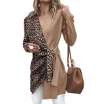 

Leopard Contrast Color Long Shirt Woman Spring New Ladies Temperament Office Lady Red Color Block V-neck Suit Personalize Blouse