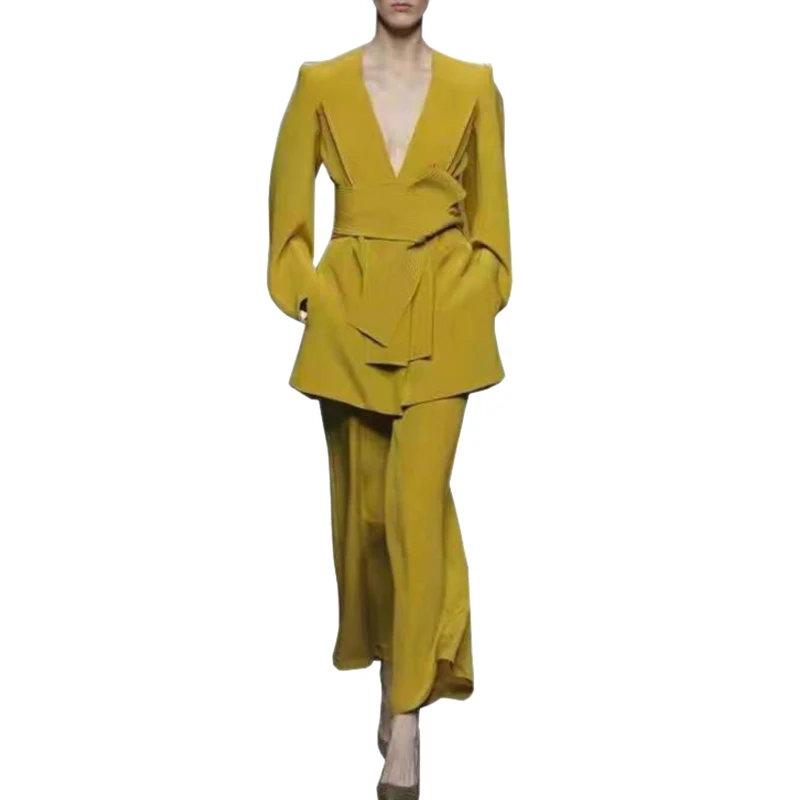 

office lady set two piece long pants set v neck sash belt long sleeve ladies blazer top + wide leg pants green pants