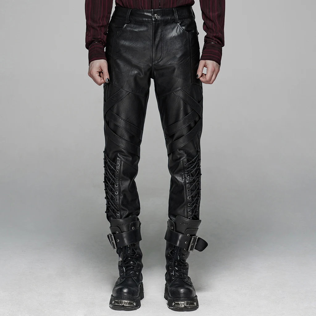 

PUNK RAVE Men's Punk Elastic PU Leather Pants Elastic Dark Gothic Rock Club Party Fashion Casual Streetwear Men Trousers
