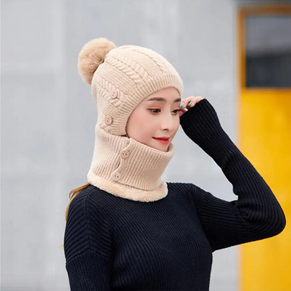 MISSKY Lady Warm One-piece Women Hat-Mask-Scarf Winter Thicken Knitting Wool Ball Riding Outdoor Beanies For Female