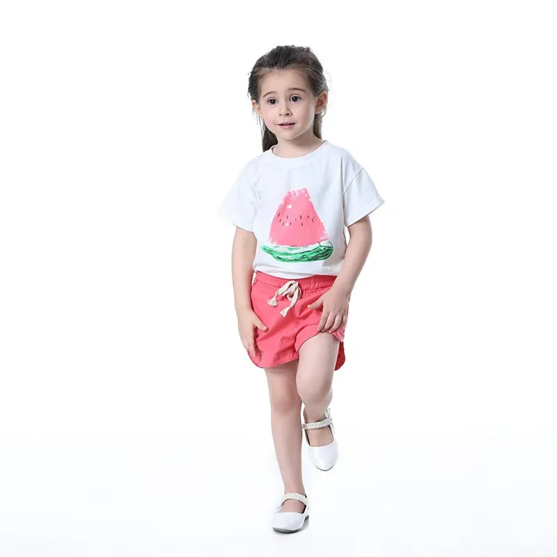 Комплекты одежды для больших девочек от 1 до 10 лет белая, черная, белая футболка зеленые, красные шорты брюки, одежда с принтом арбуза