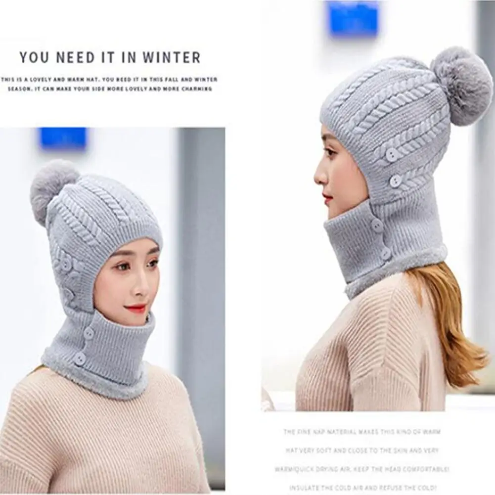 MISSKY Lady Warm One-piece Women Hat-Mask-Scarf Winter Thicken Knitting Wool Ball Riding Outdoor Beanies For Female