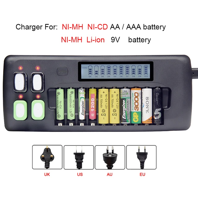 14 Bay LCD Universal Battery charger for 1.2V AA AAA 9V Ni-MH Ni-CD Lithium rechargeable batteries AA AAA battery Smart Charger 1