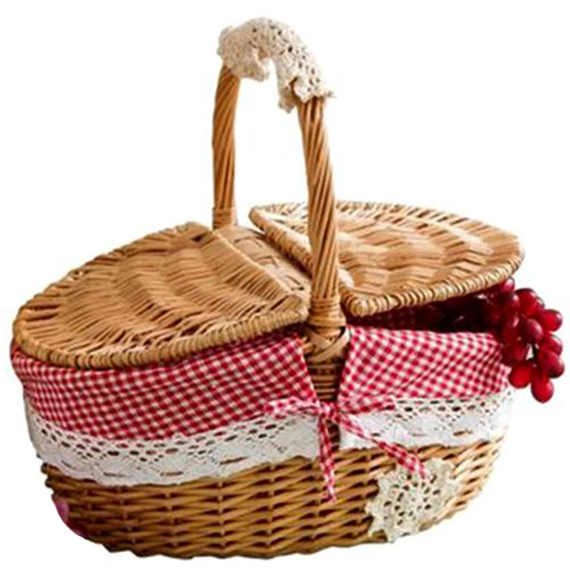 Picnic Basket Hand Made Wicker Camping Shopping Storage Hamper And Handle Wooden 