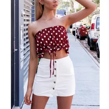 

Women Sexy Polka Dot Drawstring Crop Tops Summer Beach Club Sleeveless Shirts Tube Tops