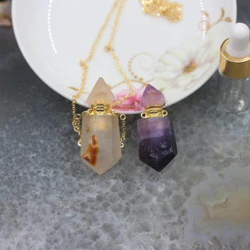 

Faceted Amethysts/Red Agates Perfume Bottle Necklace Pendants,Cut Hexagon Prism Point Gems Stone Essential Oil Bottle Charms