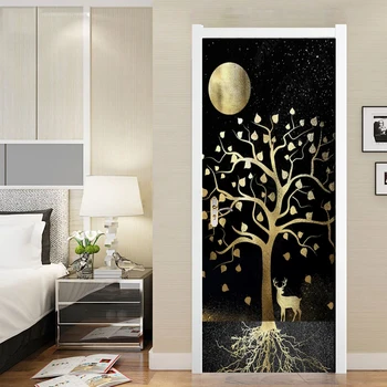 

Self Adhesive Waterproof Wallpaper 3D Door Sticker Abstract Fortune Tree Elk Home Decor PVC Mural Paper Prints Picture Bedroom
