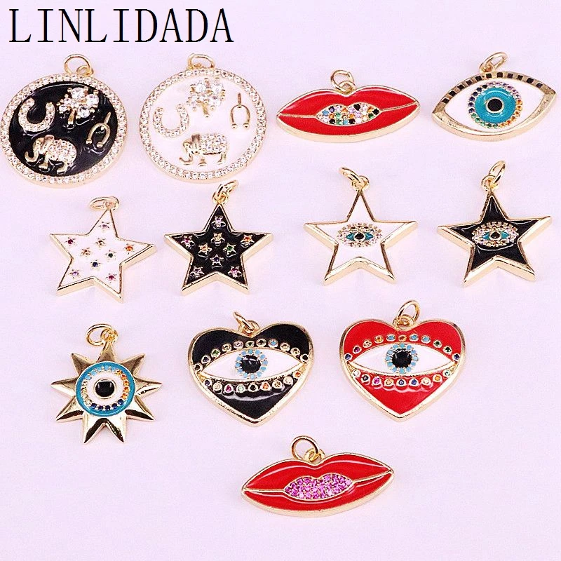 

20Pcs Mix Random, Enamel Pendants Charms, Round/ Star/Lip/Eye shape, Pave Cz Enamel Beads, Necklace Jewelry Findings