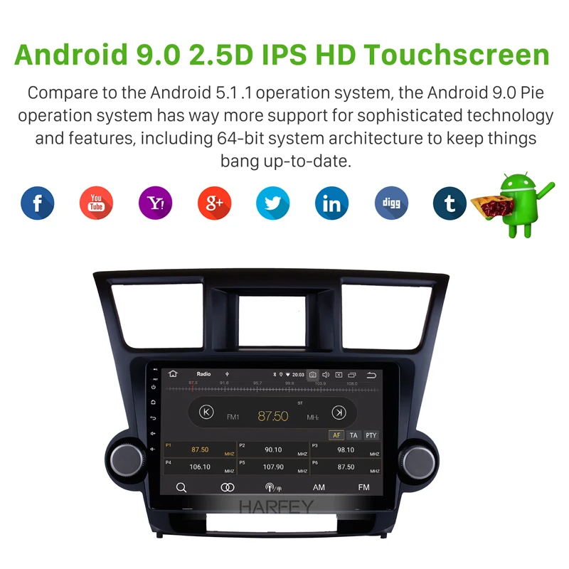 Harfey Android 9,0 10,1 дюймов gps головное устройство для 2009- Toyota Highlander 1Din 1080P Автомагнитола 4G WiFi мультимедийный проигрыватель стерео