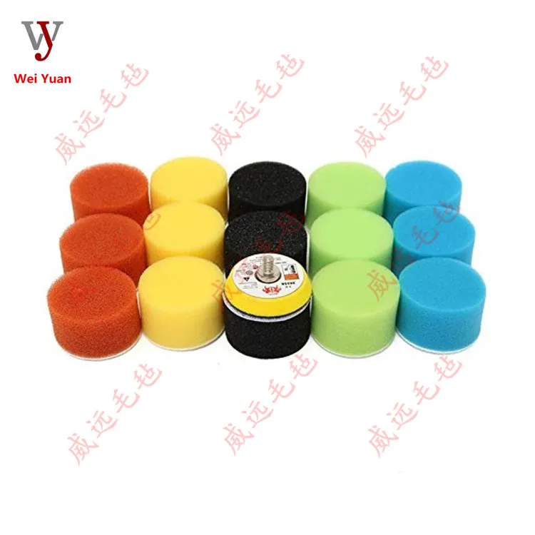 16 PCs Car Polishing Sponge Roundel Set 50 Flocked Flat Sponge Wheel Polishing Disc 2-Inch M6 Pneumatic Dorsal Disk