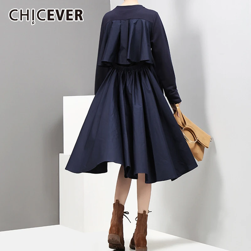 CHICEVER корейский стиль лоскутные женские платья с круглым вырезом и длинным