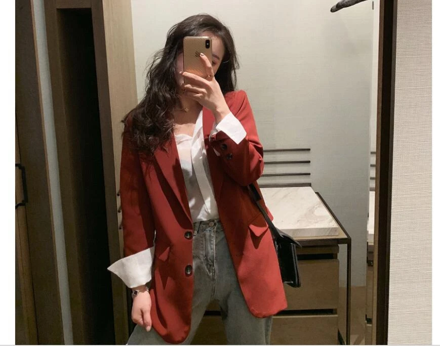 

2019 Autumn Sexy Lady Two piece Red Small Suit Jacket White See-through Long Sleeve Shirt Fashion Office Wear