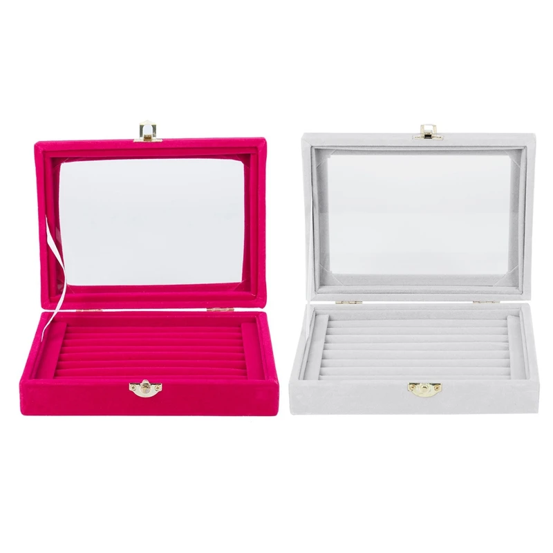 

2 Pcs Velvet Glass Ring Earring Jewelry Display Organizer Box Tray Holder Storage Case, Rose Red & Gray