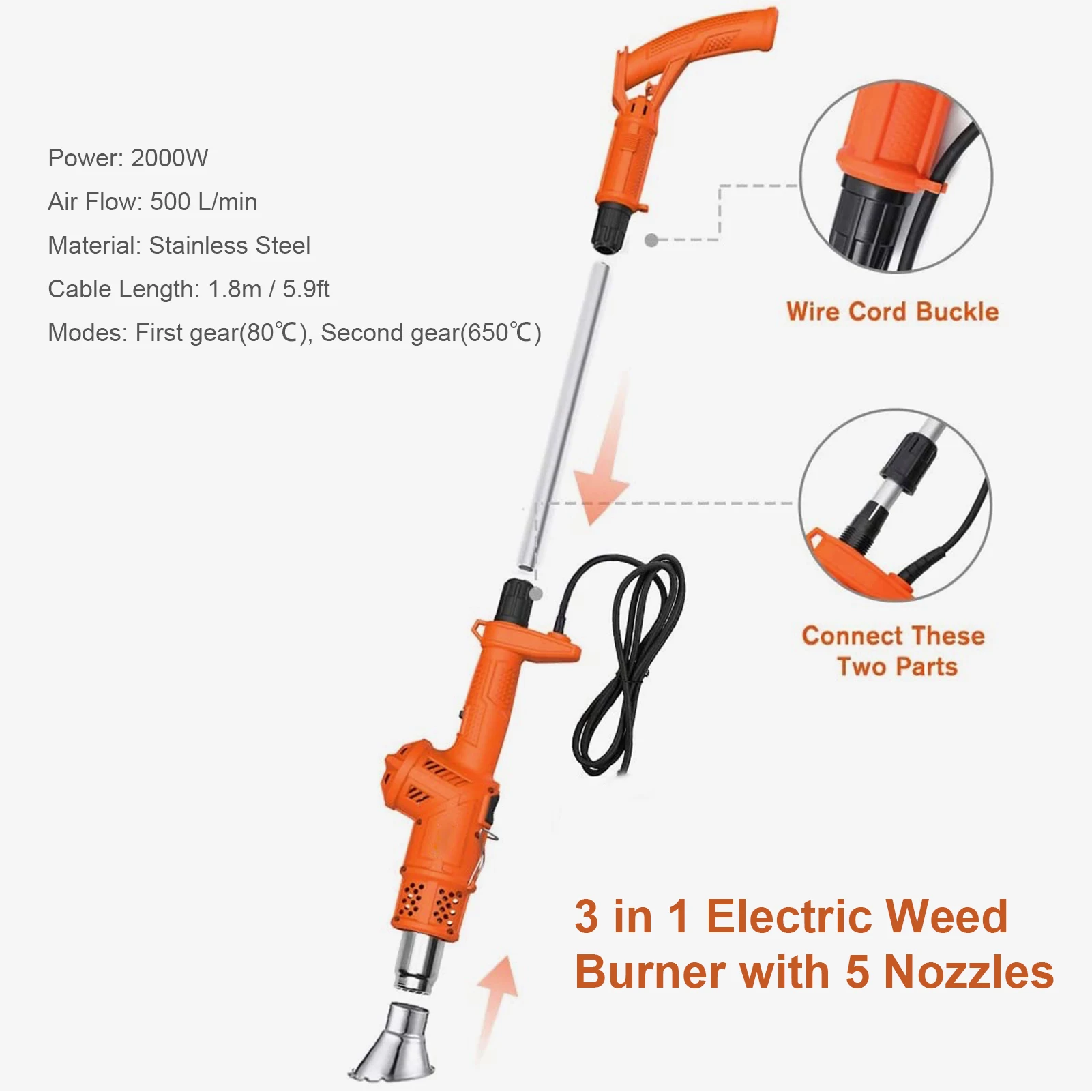 DYRABREST Electric Weed Burner 3 in 1 Hot Air Weed Torch Barbecue Lighter Garden Gear Weed Burner with 5 Types of Nozzle 60℃-650℃ Strong Weed Tool Thermal Weeding Stick 
