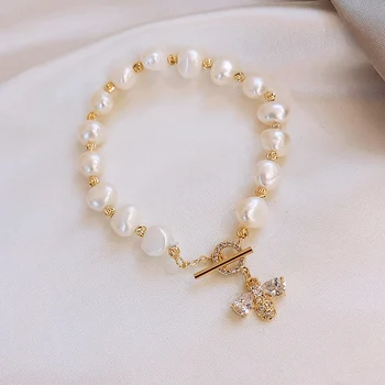 

2020 Korean New Design Fashion Jewelry Natural Baroque Shaped Freshwater Pearl Copper Zircon Bee Elegant Female Bracelet