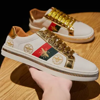 

Fashion Design Brand White Golden Bee Embroidery Shoes Men Board Trainers Classic Glitter Embroider Shoes Men Sneaker Casual