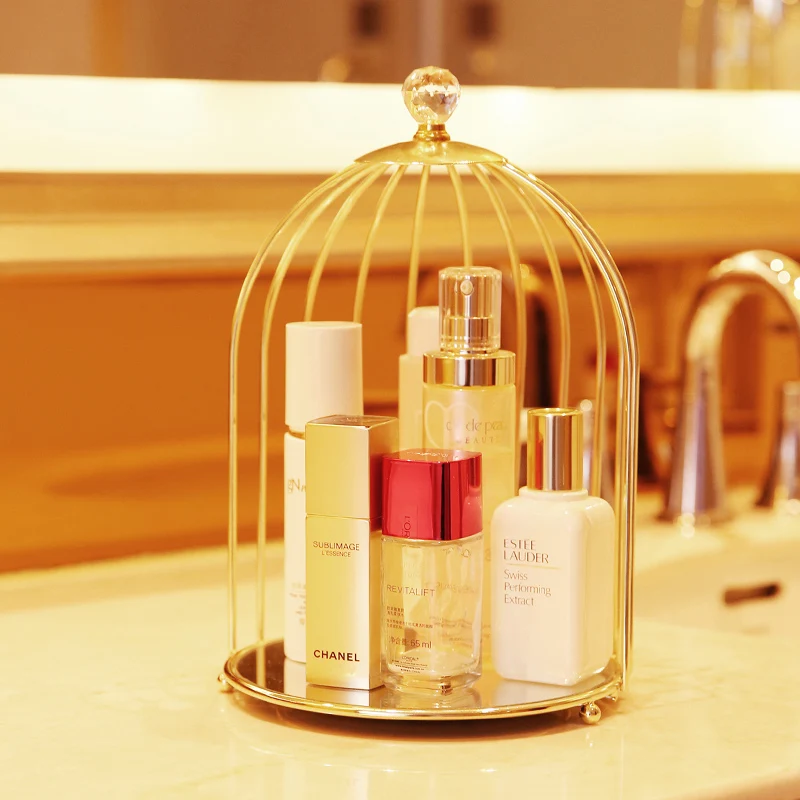 

Nordic Iron Cosmetic Desktop Display Box Transparent Makeup Organizer Birdcage Shape Glass Tray Dressing Table Finishing Rack