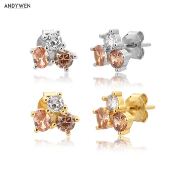 

ANDYWEN 925 Sterling Silver Gold Champagne Round Ovals Zircon Charm Stud Earring 2020 Rock Punk Fashion Jewelry For Wedding Girl