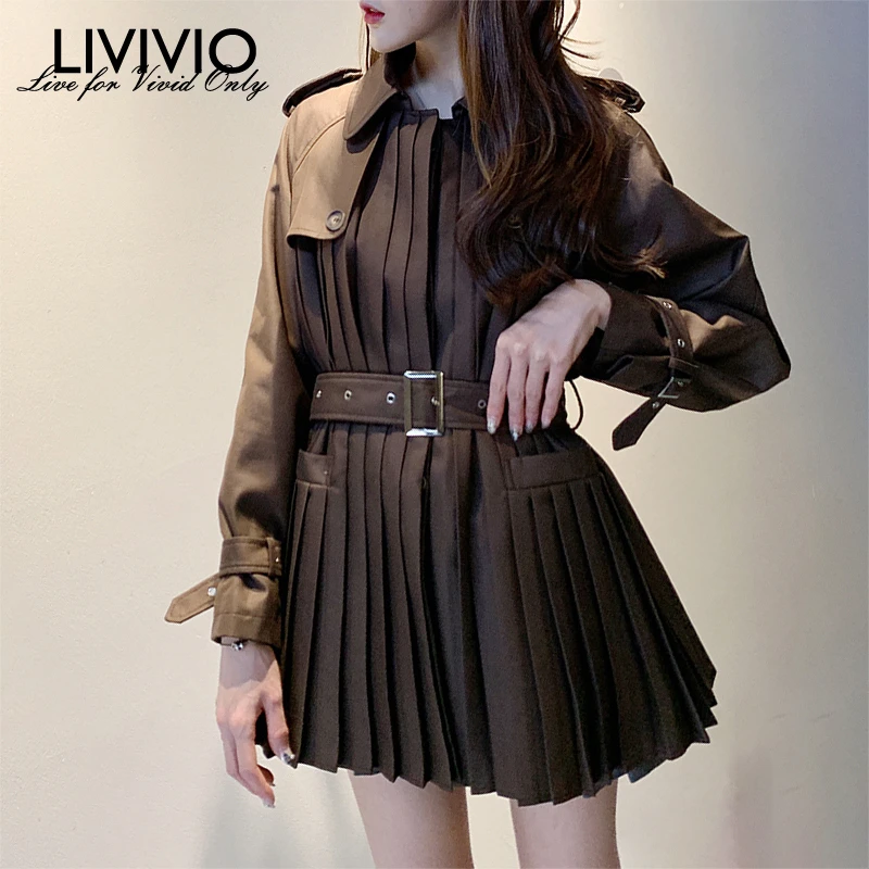 

[LIVIVIO] Autumn Pleating Patchwork Women's Coats Long Sleeve High Waist With Belt 2019 Oversized Jacket Fashion Clothing New