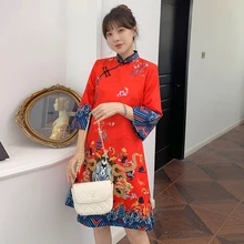 2021 neue Mode Moderne Chinesische Cheongsam Ins Rot Blau Lose A-line Kleid Frauen 3/4 Hülse Qipao Traditionellen Chinesischen Kleidung