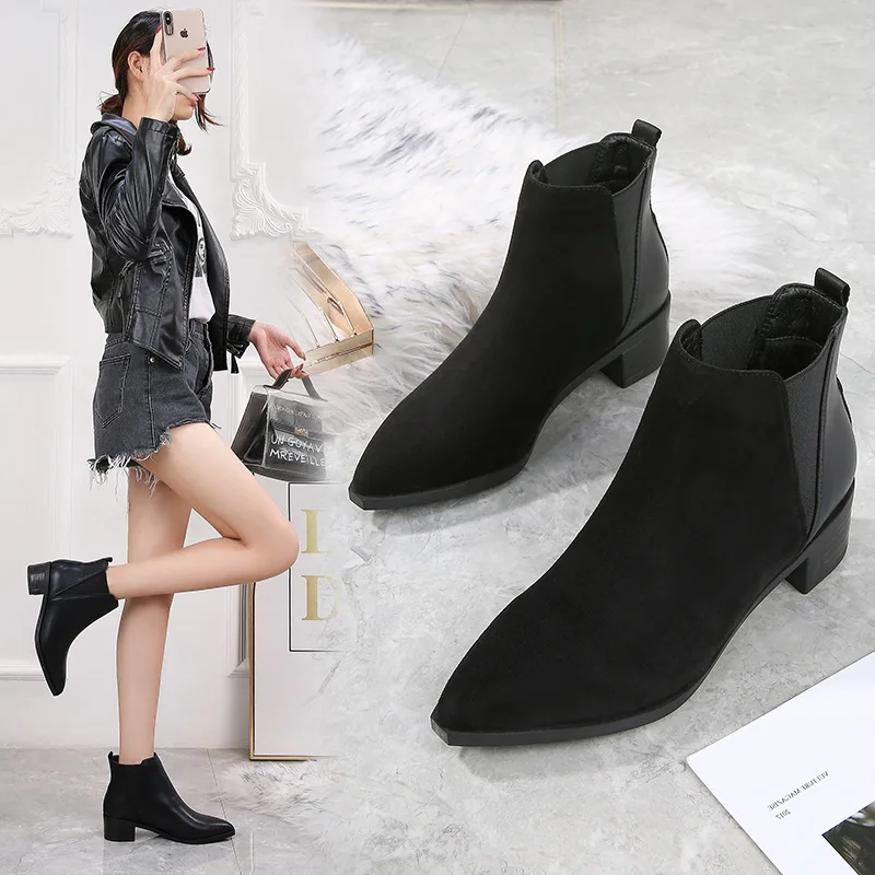 

Boots Women's Pointed Short Boots 2019 Winter New Style Korean-style Versatile Block Heel Chelsea Boots Semi-high Heeled Women's