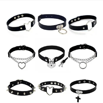 2021 Punk PU Leather Lock Key Heart Round Rivet Collar Studded Choker Necklace Body Birthday Party Gift chocker Jewelry