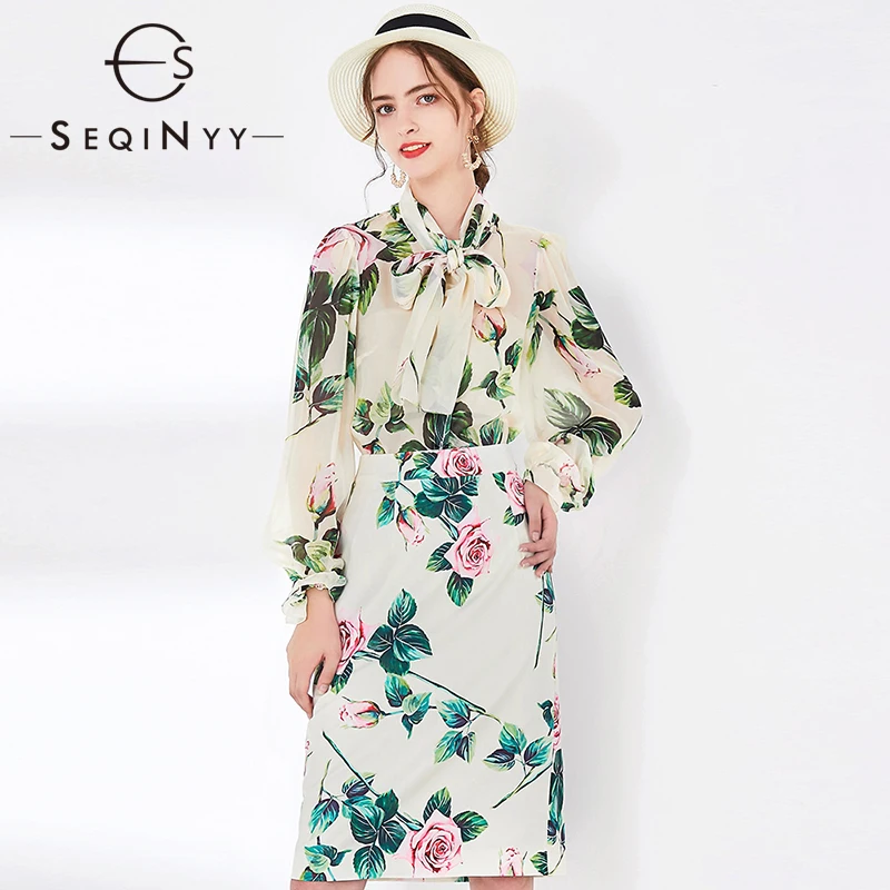 

SEQINYY Summer Set 2020 Early Spring New Fashion Design Women Long Sleeve Blouse + Knee Sheath Knee Skirt Flowers Printed Suit
