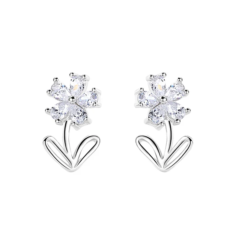 

Simple Zircon Flower Korean 925 Silver Needle Stud Earrings For Women Temperament Leaf Petal Small Trendy Dainty Jewelry Gift