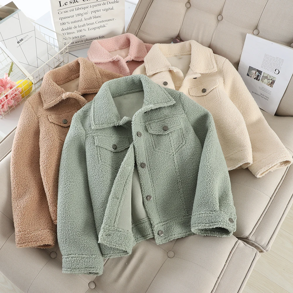

Autumn Winter Lamb Loose Coat Women Casual Solid Long Sleeve Turn-down Collar Jacket Female Fashion Straight Pink Khaki Tops