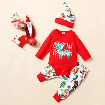 

Newborn Infant Baby Boys Christmas Letter Romper Bodysuit Pants Hat Outfit Fashion Long Sleeve O-neck Newborn Clothes Xmas Set