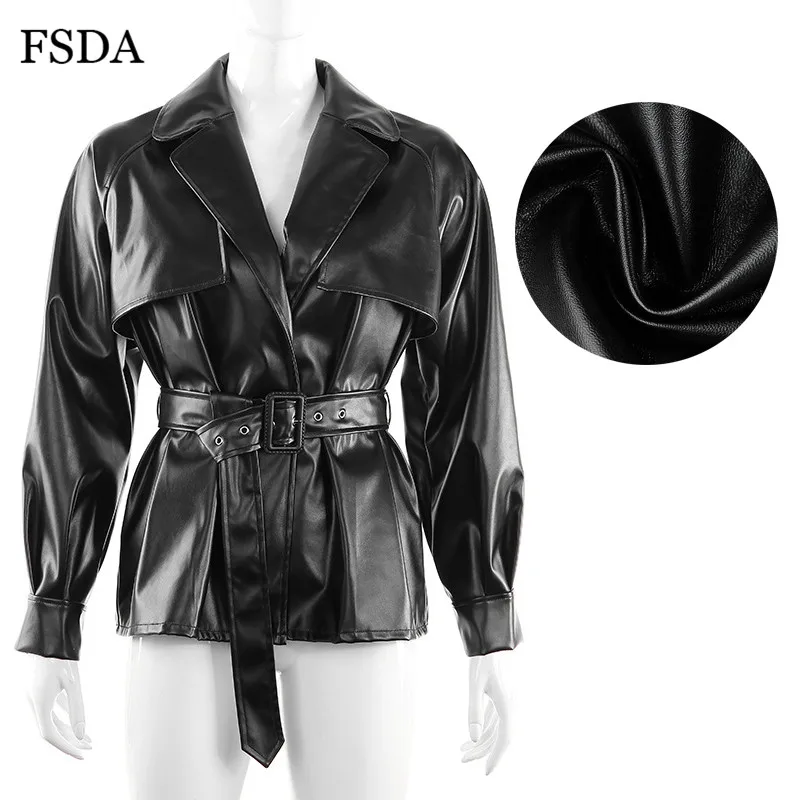FSDA с поясом черный PU искусственная кожа куртка для женщин Осень Зима Пояса для пальто ветровка Леди Уличная Повседневная с отложным воротником