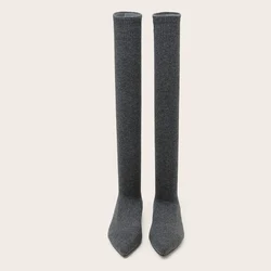 Elegant Black Over - the - Knee Stretch Fabric Boots with Pointed Toe - 38 (Gray)