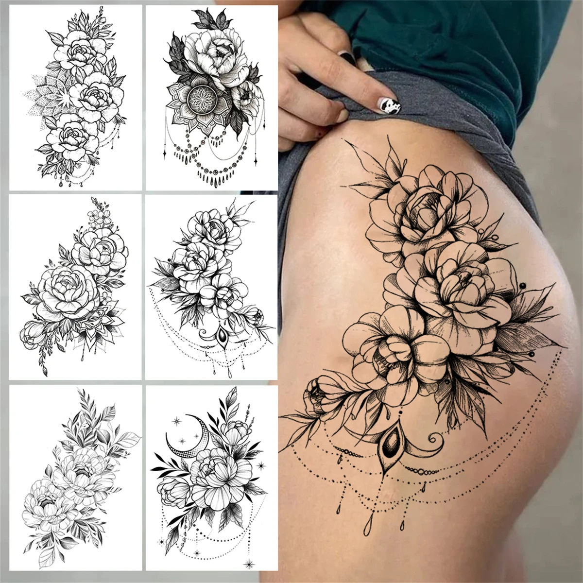 Tatuajes temporales de flores colgantes para mujeres y adultos, joyería  falsa, pegatina de tatuaje, peonía negra, Henna, Luna, tatuaje grande hasta  el muslo, impermeable|Tatuajes temporales| - AliExpress