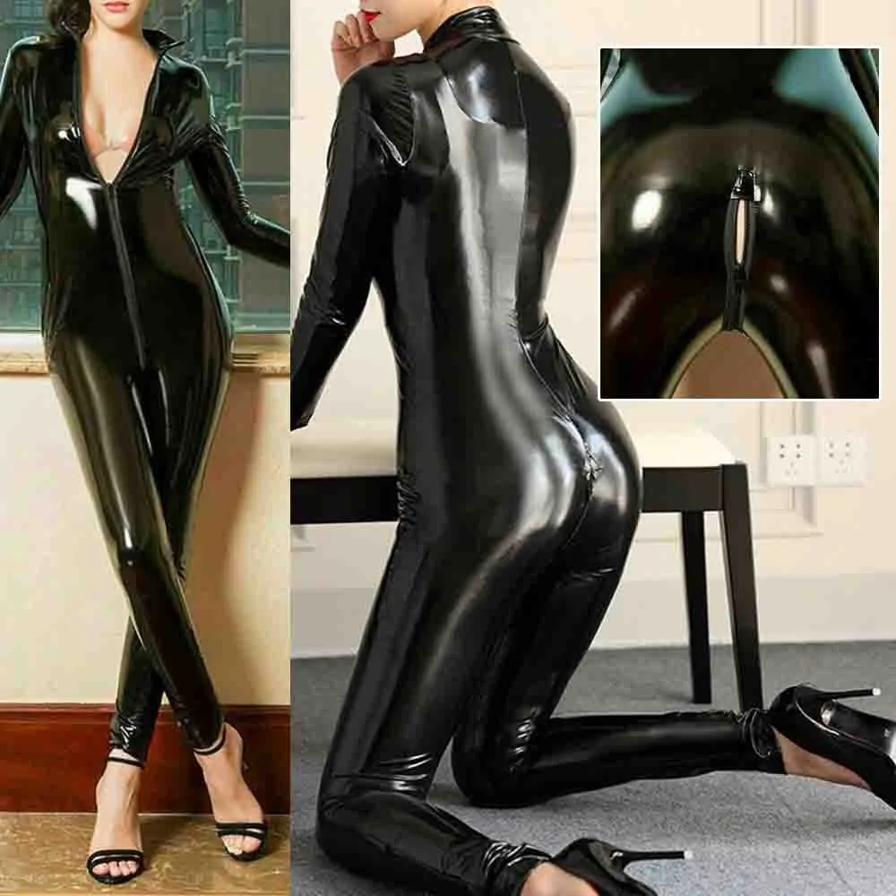 

Hot Sexy Women Faux Leather PVC Latex Bodysuit Front Zipper Open Crotch Jumpsuits Stretch Bodystocking Erotic Costumes 2021