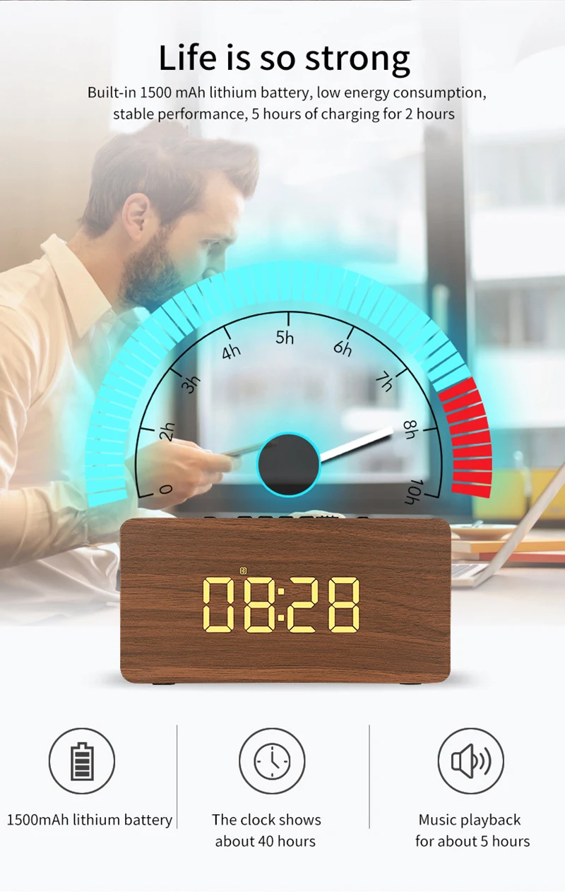 Деревянный беспроводной Bluetooth динамик HiFi шок бас цифровой будильник бас динамик Портативный Handfree Поддержка TF карта FM с микрофоном