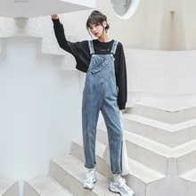 Осенние новые джинсовые комбинезоны женские повседневные свободные джинсы женские джинсы деним брючный костюм с бретельками женские джинсовые комбинезоны