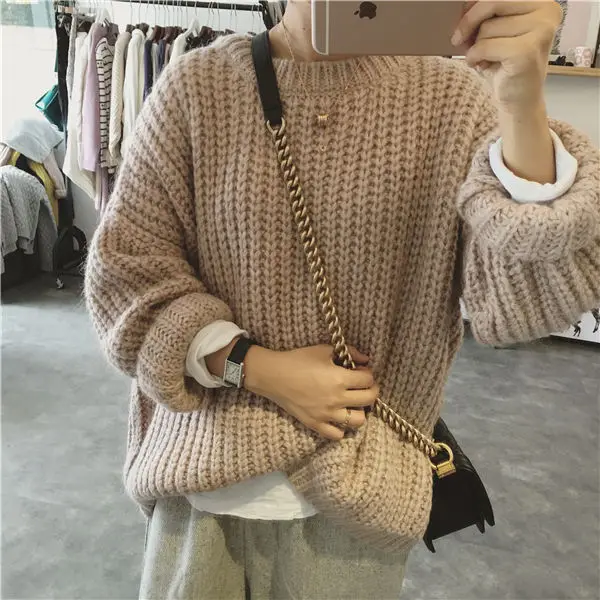 

Autumn and winter women's Pullover Sweater sweater solid color Crew Neck Sweater loose casual versatile sweater