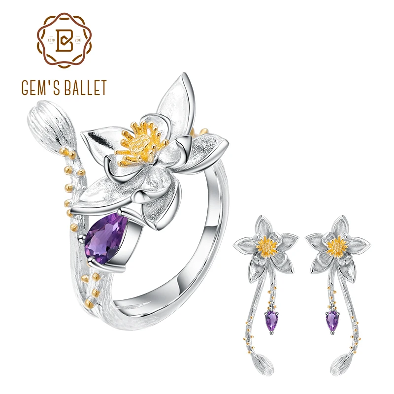 

GEM'S BALLET 925 Sterling Silver Natural Amethyst Elegant Vintage Flower Ring Earrings Set Handmade Set Women Fine Jewelry