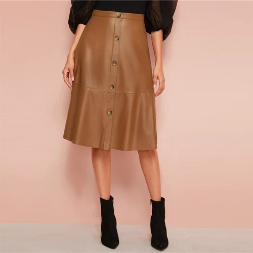 SHEIN черная однотонная однобортная кожаная элегантная юбка миди для женщин осень высокая талия офисные женские трапециевидные расклешенные юбки - Цвет: Brown