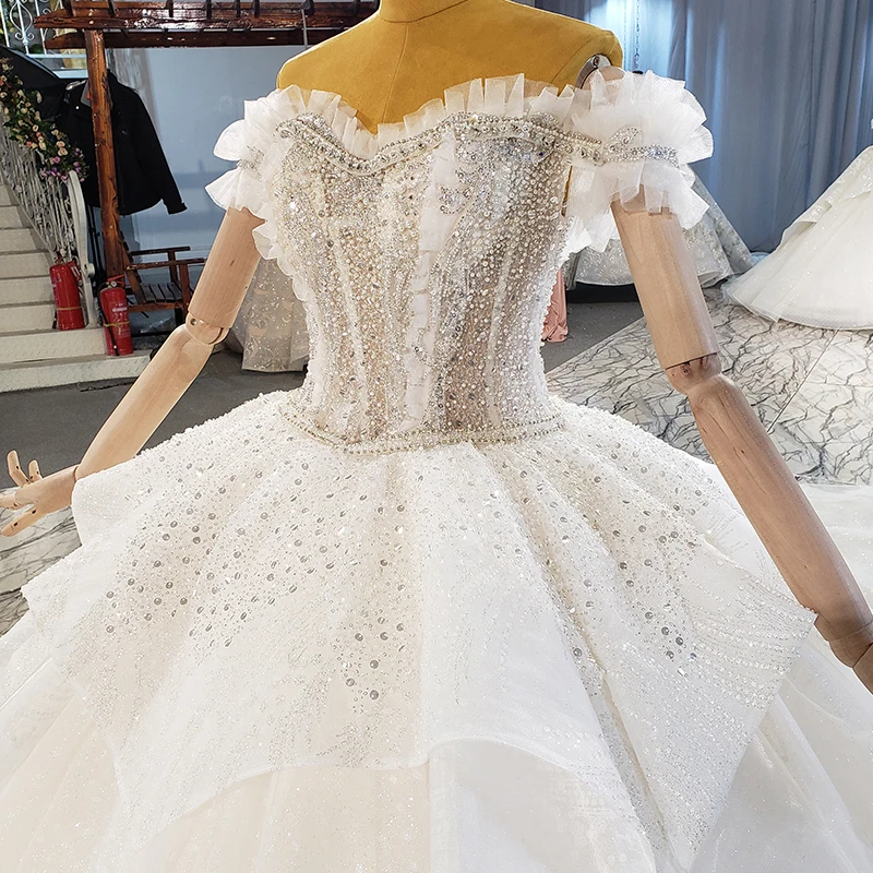 HTL2137 Elegant Wedding Dress 2021 Off Shoulder Short Sleeve Sequin Bride Dress Design Ball Tube Top Gowns 6