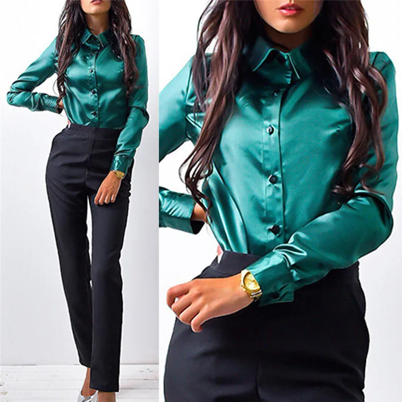 Women Silk Satin Blouse Button Lapel Long Sleeve Shirts Ladies Office Work Elegant Female Top High Quality New